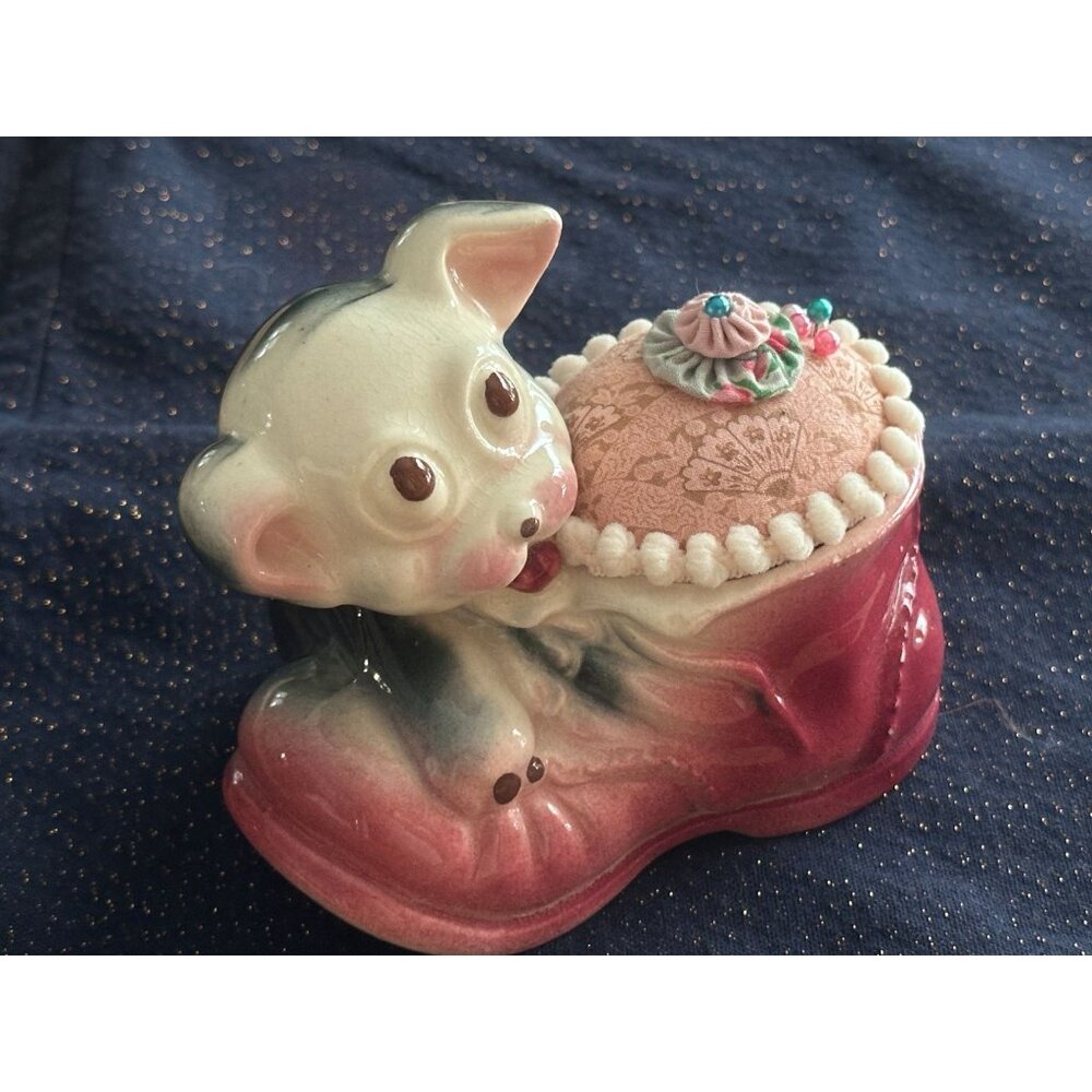 Pin Cushion Puppy Dog Red Laced Boot Shoe Sewing Pin Keeper Embroidery Needles